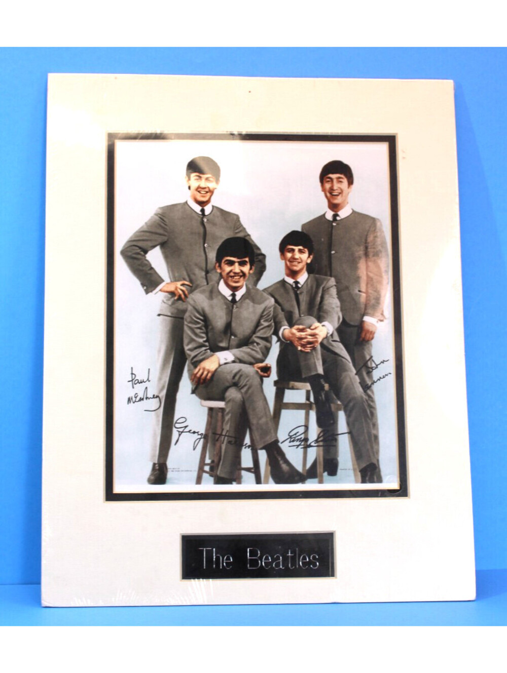 Beatles 1964 Signed Color Print Plaque Dbl Matted Unframed Plastic Cover 14x11